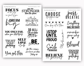 Puede incluir: Dos hojas de pegatinas blancas con texto motivacional negro y frases como Focus on the step in front of you, Dream big, Choose Happiness y Just Breathe. Las hojas están etiquetadas como Planning With K y Motivational Sayings.