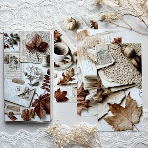 May include: A collection of four rectangular paper bookmarks featuring a collage of vintage-inspired imagery including dried brown maple leaves, white lace doilies, handwritten script, old book pages, a cup of coffee, and a white envelope.