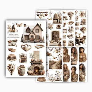 May include: Two sheets of planner stickers with a Late Season Calm theme. The stickers feature illustrations of a house, books, flowers, butterflies, and women. The text on the stickers reads "Planning with K" and "Wrapped in warm neutrals and the quiet calm of Late season days."