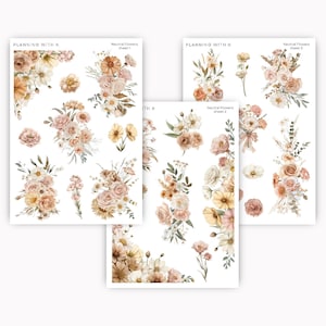 Könnte beinhalten: Drei Blätter mit neutralen Blumenaufklebern für Planer. Die Aufkleber zeigen verschiedene Blumensträuße, einzelne Blumen und Zweige in Beige-, Creme- und Hellrosatönen.