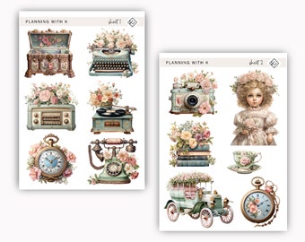 Vintage Stickers for planners, journals | Watercolor Vintage item Stickers printed on Transparent Matte Sticker Paper