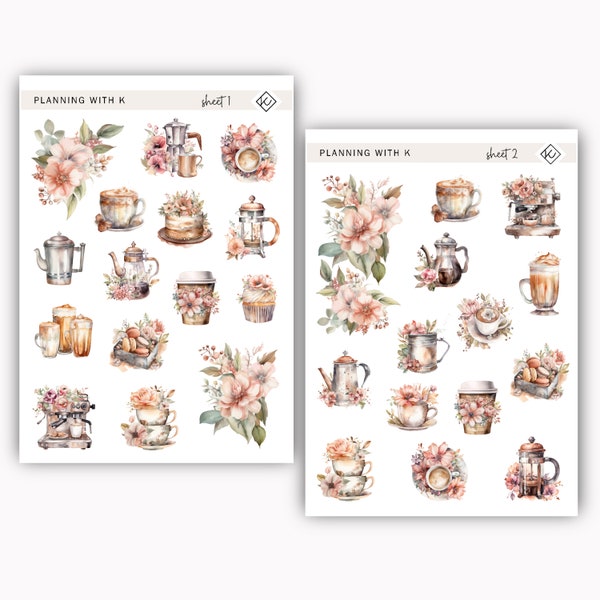 Coffee and Flower Stickers for planners, journals | Neutral Soft Color | Watercolor Stickers printed on Transparent Matte Sticker Paper