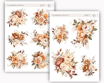 Neutral Boho Flower Stickers for planners, journals | Neutral Flowers Stickers printed on Transparent Matte Sticker Paper