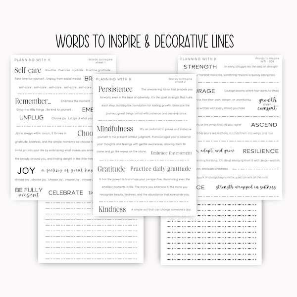 Words to Inspire & Decorative lines Stickers for planners, journals | Printed on Transparent Matte Sticker Paper