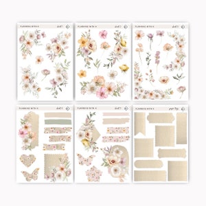 Adesivi con etichette di fiori e carta per agende, diari / Sottili adesivi con fiori ad acquerello stampati su carta adesiva opaca trasparente