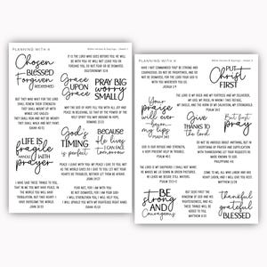 May include: Two sheets of white stickers with black calligraphy. The stickers feature inspirational Bible verses and phrases like "Chosen," "Pray Big," and "Be Strong." Ideal for planners and journals.