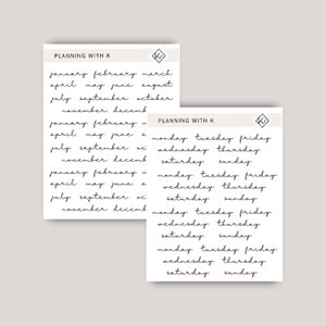 May include: Two white cards with black handwritten text. The first card lists the months of the year. The second card lists the days of the week. Both cards have the text "PLANNING WITH K" at the top.