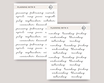 Monthly Stickers | Days of the Week Stickers | 12 moths kiss cut Stickers | Small and Delicate Font | On Transparent Matte Sticker Paper