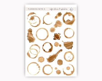 Coffee Stain and Splash Stickers for planners, journals | Coffee Stains & Splashes printed on Transparent Matte Sticker Paper