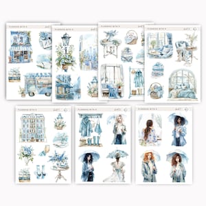 Spring in Blue Stickers | Spring in the City stickers printed on Transparent Matte Sticker Paper | Watercolor Blue