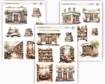 May include: Three sheets of stickers featuring watercolor illustrations of bookshops, bookshelves, and stacks of books. The text "PLANNING WITH K" and "BOOK STORE" are visible. The color palette includes browns, greens, and creams.