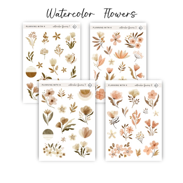 Watercolor Flower Stickers for planners, journals | Neutral Soft Color | Watercolor Floral Series