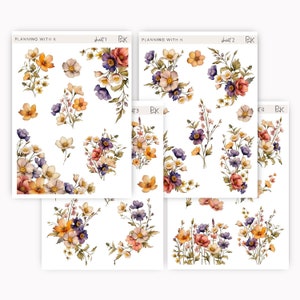 Blumen Aufkleber für Planer, Journals | Lila, Orange, Gelbe Blumen Sticker gedruckt auf Transparente Matte Sticker Papier