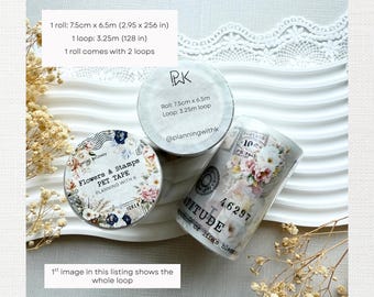 Cinta adhesiva precortada para mascotas con flores y sellos / Muestra de bucle o rollo / Diario basura, álbum de recortes, collage / Planificación con cinta adhesiva K