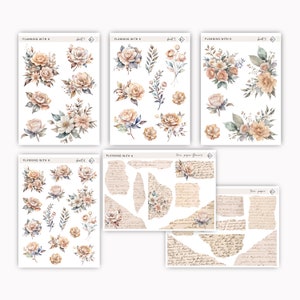 Adesivi con fiori neutri e carta strappata per agende, diari / Fiori acquerellati e carta strappata stampati su carta adesiva opaca trasparente