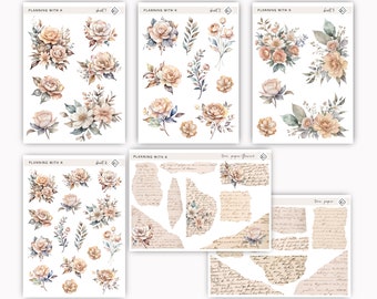 Neutrale Blumen und zerrissene Papieraufkleber für Planer, Zeitschriften | Aquarellblumen und zerrissene Papiere, gedruckt auf transparentem, mattem Aufkleberpapier