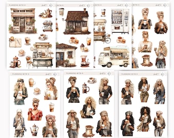 Retro Cool Girls with Coffee Stickers for planners, journals | Coffee Lovers | Coffee Shop | Printed on Transparent Matte Sticker Paper