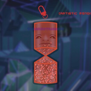 May include: A red hourglass-shaped keychain with a dark outline, featuring a stylized face on the top bulb and red glitter particles filling the bottom bulb. The text (ARTISTIC RENDITION) appears in red at the top right of the image.