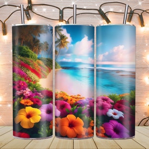 3D Hawaiian Beach Flowers 20 oz Skinny Tumbler Wrap, Straight & Tapered Png Files, Sublimation Designs, Beach Flower Tumbler Wrap