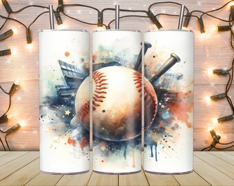 Könnte beinhalten: Ein Aquarell-Design mit einem Baseball, Schlägern und einem Baseballstadion. Das Design befindet sich auf einem weißen Becher mit Deckel und Strohhalm.