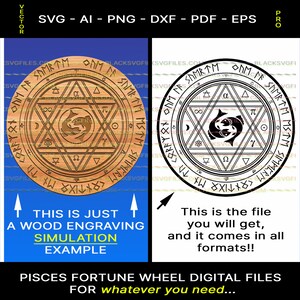 Pisces Black SVG File for Laser Engraving or Printing | Lucky Coin with Alchemical Symbols and a Runic Message. Pisces Gift