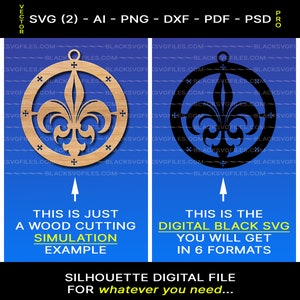 Archivo de corte láser colgante SVG Fleur de Lis negro para Glowforge, XTool, CriCut..., plantilla de silueta Descarga digital para colgante