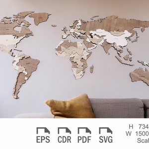 Layout of a 3-layer world map designed for laser cutting. Map of the World Laser Cut File SVG