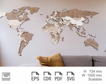 3-Layer World Map Laser Cut File, SVG (Digital Download)