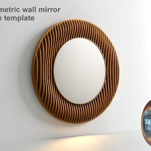 Pode incluir: Um espelho de parede redondo com uma moldura ondulada castanha clara. O espelho tem uma forma circular e uma superfície refletora de cor clara. O texto "Parametric wall mirror frame template" está no topo da imagem.