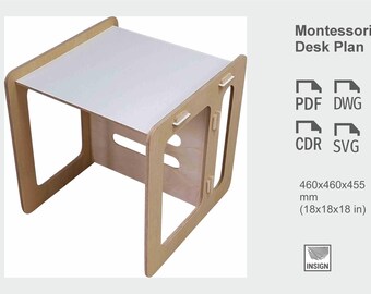 May include: A light wood Montessori desk with a white top. The desk is 18 inches wide, 18 inches deep, and 18 inches tall. The desk is made by Insign.