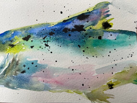 オリジナル水彩画：カラフルな魚のアート（8インチ×4.75インチ