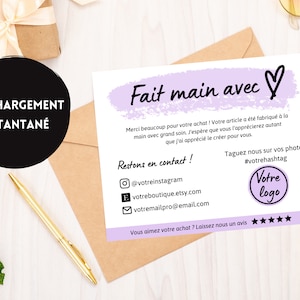 Carte merci pour votre commande fait main avec amour, Canva carte merci commande TELECHARGEMENT INSTANTANÉ