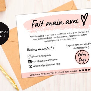 Carte de remerciement commande fait main avec amour, Carte de remerciement petite entreprise, Canva carte merci pour votre commande