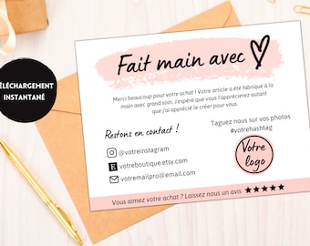 Carte de remerciement commande fait main avec amour, Carte de remerciement petite entreprise, Canva carte merci pour votre commande