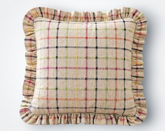 Bohemian Colorful Check Board Ruffle Throw Pillow, Linen Checked Home Decor, Retro Cottagecore Decor