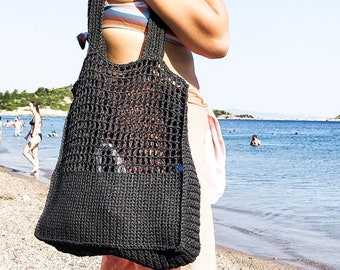 Crochet Black Raffia Tote Bag, Straw Black Boho Summer Shoulder Tote Bag, Eco-friendly Market bag , Bohemian Shopping Bag