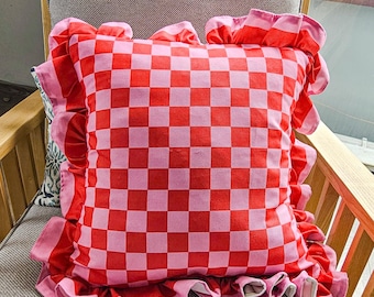 Pink and Red Checkered Ruffle Pillow, Cottagecore Throw Cushion, Checkerboard Eclectic Decorative Pillow