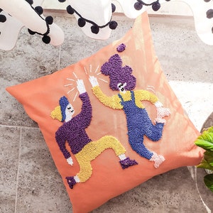 Orange Punch Needle Fun Dancing People Pillow Case, Handmade Hi-Five Throw Cushion, Funny Decor