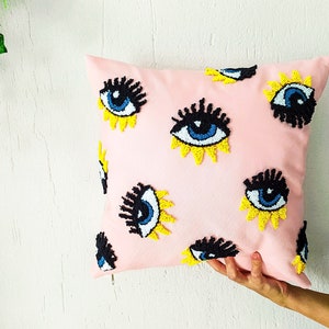 Pink Evil Eye Punch Needle Throw Pillow Case, Evil Eye Decor, Pink Home Decor