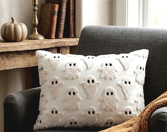 Handmade Ghost Pillow Cover, Neutral Halloween Decor, Fall Accent Cushion