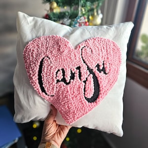 Personalized Handmade Punch Needle Heart Custom Name Pillow, Personalized Gift