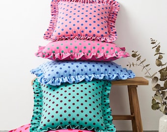 Colorful Polka Dot Ruffle Pillow Cover All Size, Fun Retro Cushion, Dopamine Decor