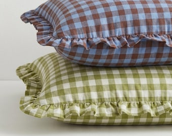 Gingham Ruffle Pillow Cover, Custom Size Linen Pillow Case, Farmhouse Cushion, French Country Decor