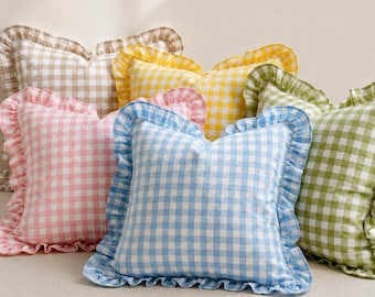 Ruffle Gingham Pillow Cover, Cottagecore Farmhouse Checkered Cushion