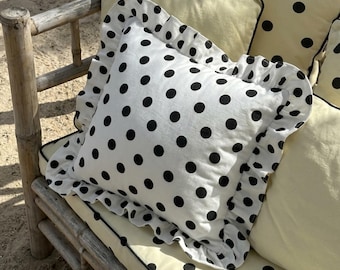 Ruffled Polka Dot Pillow Cover, Black and White Farmhouse Cushion