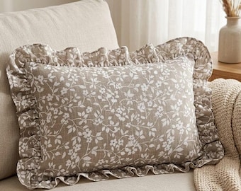 Floral Ruffle Throw Pillow Cover, Muslin Linen Accent Cushion Case, Farmhouse Decor