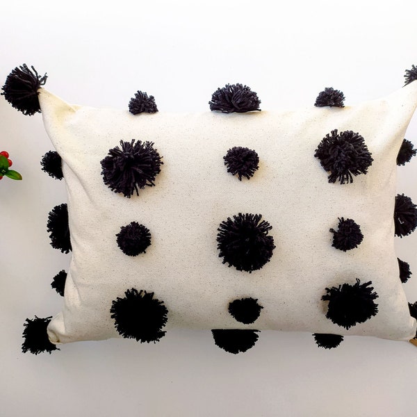 Black Pom Pom Lumbar Cotton Pillow Case, PomPom Cushion Cover, Home decor