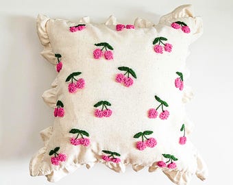 Handmade Punch Needle Cherry Throw Pillow Cover, Pink Ruffle Home Decor