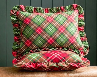Red and Green Plaid Ruffle Pillow Cover, Linen Tartan Christmas Cushion, Christmas Decor