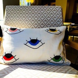 Embroidered Evil Eye Lumbar Pillow Cover: Colorful Punch Needle Cushion